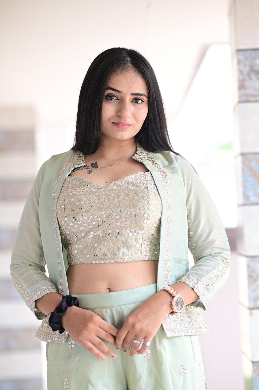 INDO - WESTERN STYLE JACKET WITH INNER CROP TOP AND PALAZZO IN NATURAL SILK FABRIC, FEATURING ALL - OVER SEQUENCE EMBROIDERY WORK - Shreenath Collection