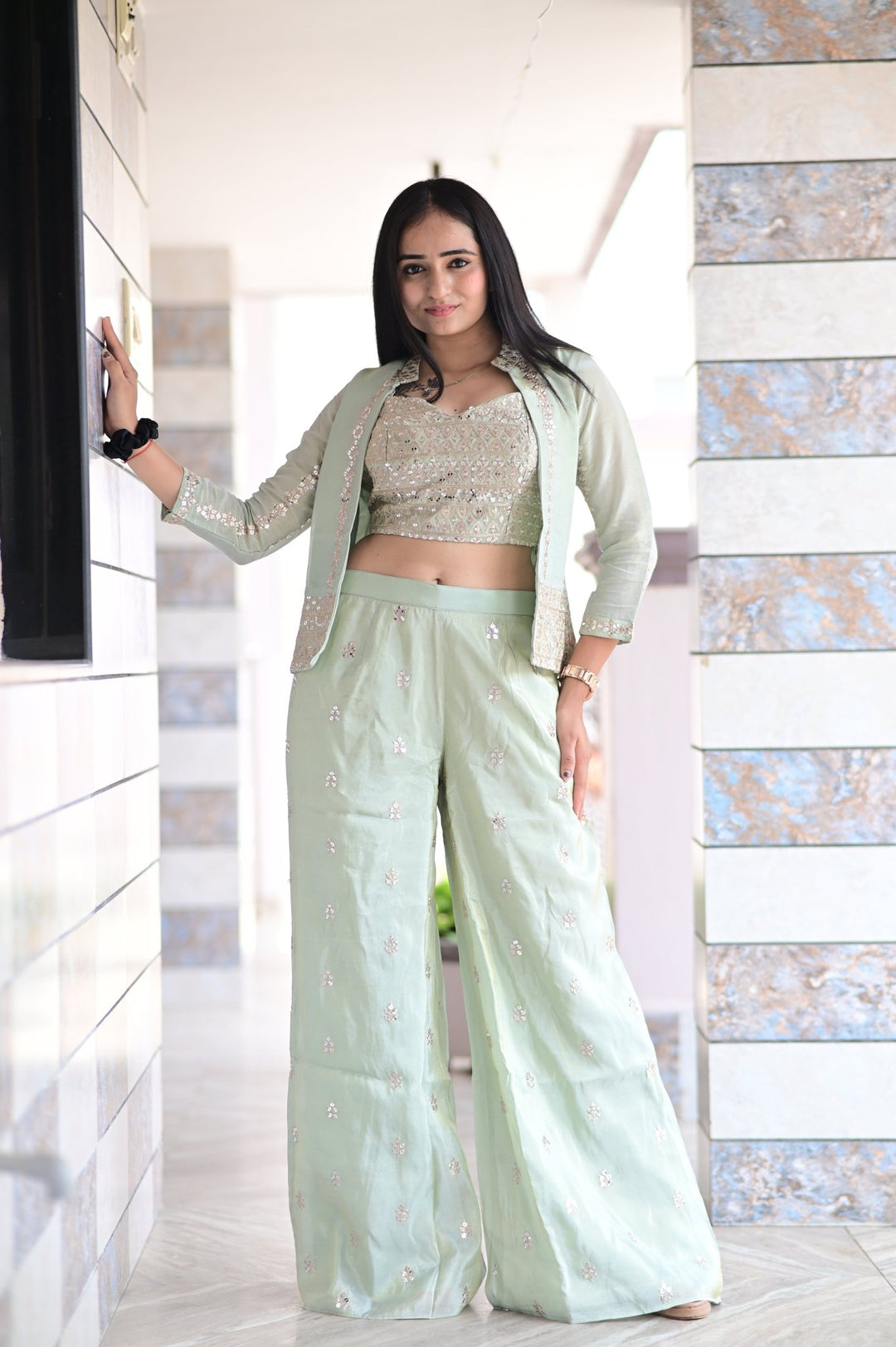 INDO - WESTERN STYLE JACKET WITH INNER CROP TOP AND PALAZZO IN NATURAL SILK FABRIC, FEATURING ALL - OVER SEQUENCE EMBROIDERY WORK - Shreenath Collection