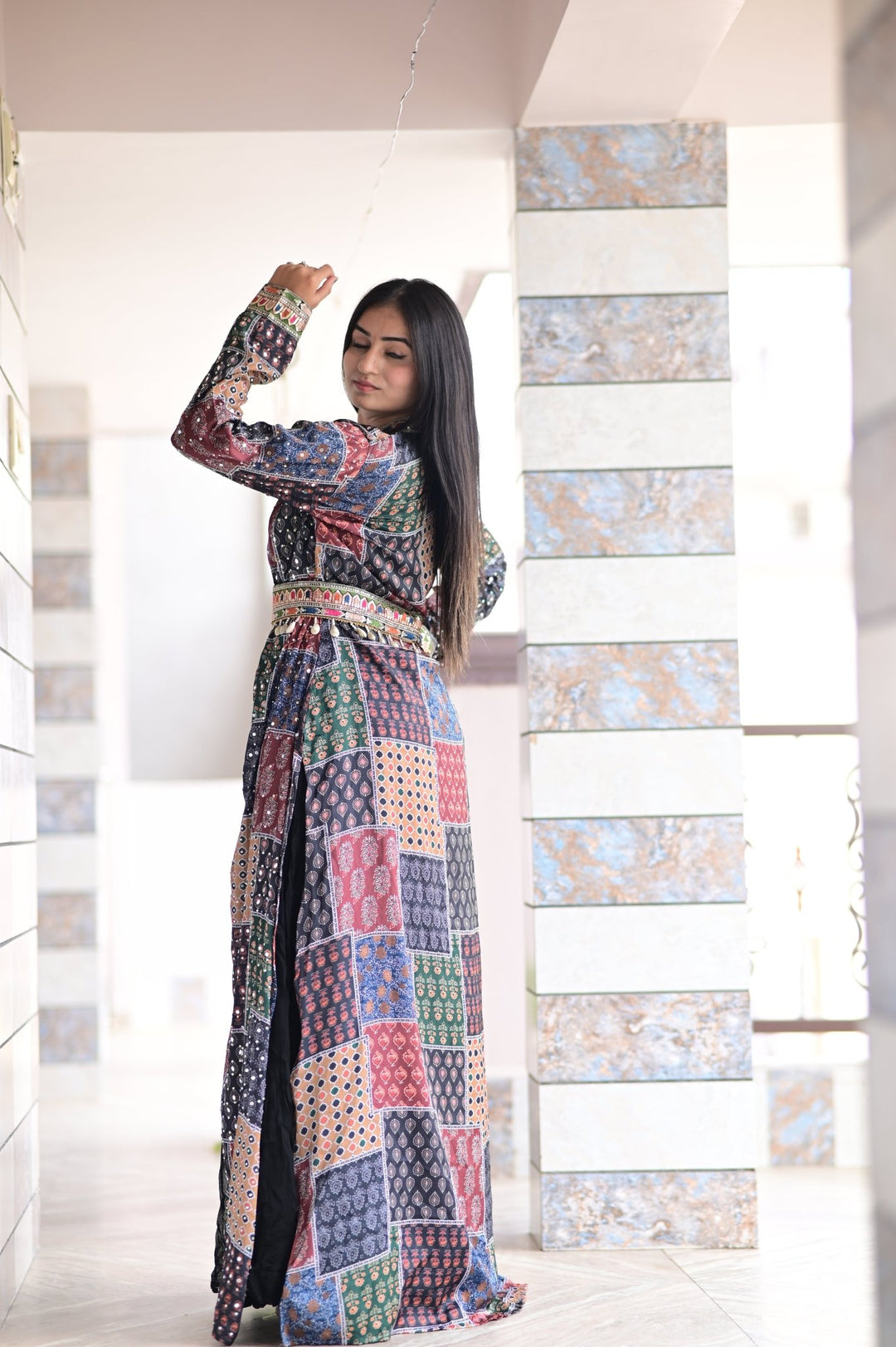 TWO - PIECE LONG GOWN STYLE WITH LONG SEQUENCE MIRROR WORK SHRUG AND KODI WORK BELT - Shreenath Collection