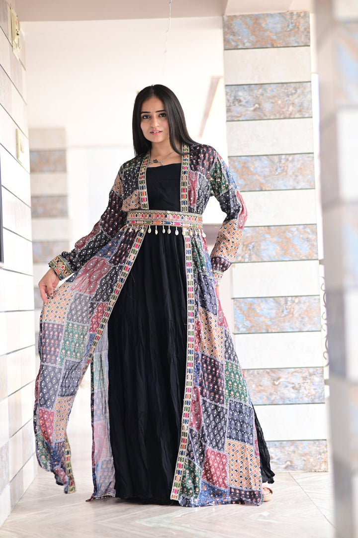 TWO - PIECE LONG GOWN STYLE WITH LONG SEQUENCE MIRROR WORK SHRUG AND KODI WORK BELT - Shreenath Collection