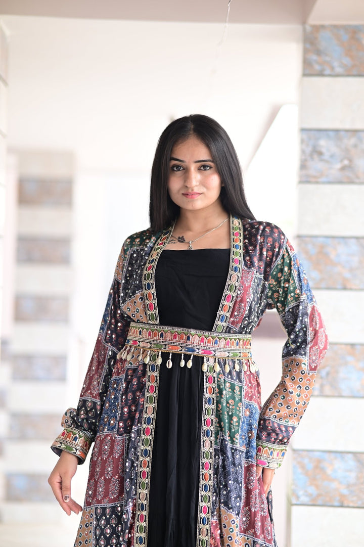 TWO - PIECE LONG GOWN STYLE WITH LONG SEQUENCE MIRROR WORK SHRUG AND KODI WORK BELT - Shreenath Collection