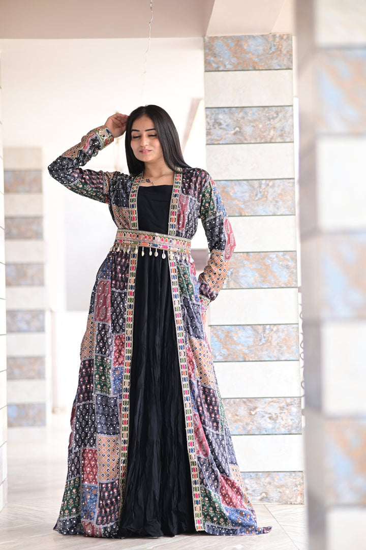 TWO - PIECE LONG GOWN STYLE WITH LONG SEQUENCE MIRROR WORK SHRUG AND KODI WORK BELT - Shreenath Collection