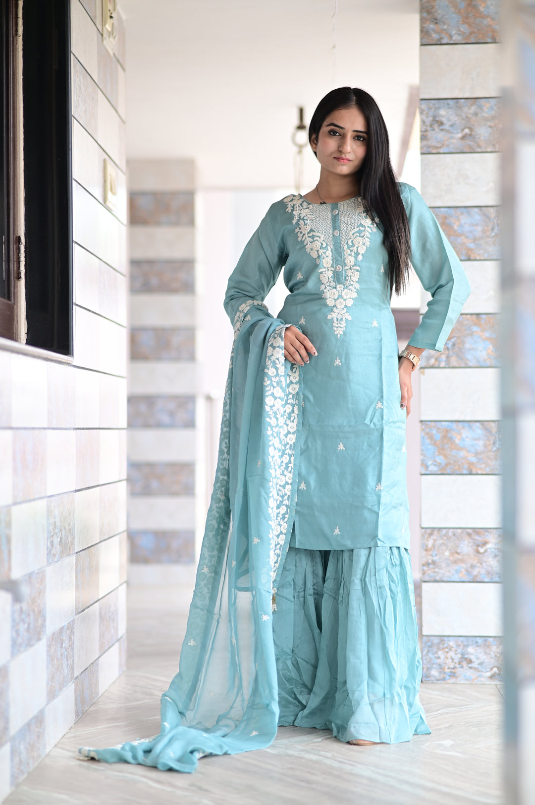 PALAZZO SET WITH HAND EMBROIDERY WORK AND ELEGANT DUPATTA MADE WITH CHINON SILK FABRIC