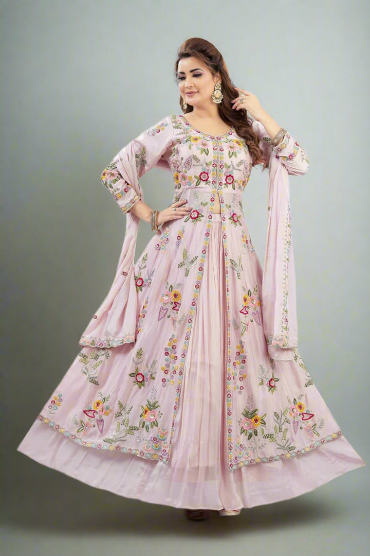 Graceful Center-Cut Ensemble in Pure Chinon with Exquisite Hand & Embroidery Work