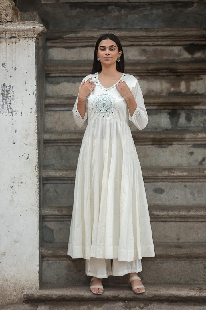 ANARKALI SET WITH STUNNING MIRROR HANDWORK ON TOP AND BOTTOM - Shreenath Collection