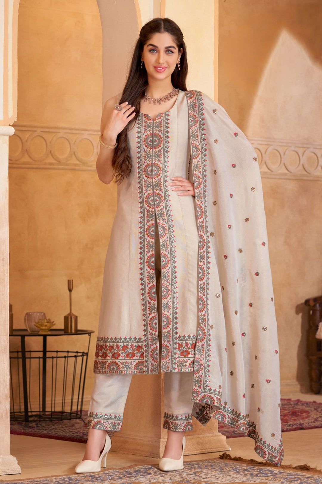 Center Cut Pant Set Vintage Embroidery Work Zari Tissue - Shreenath Collection
