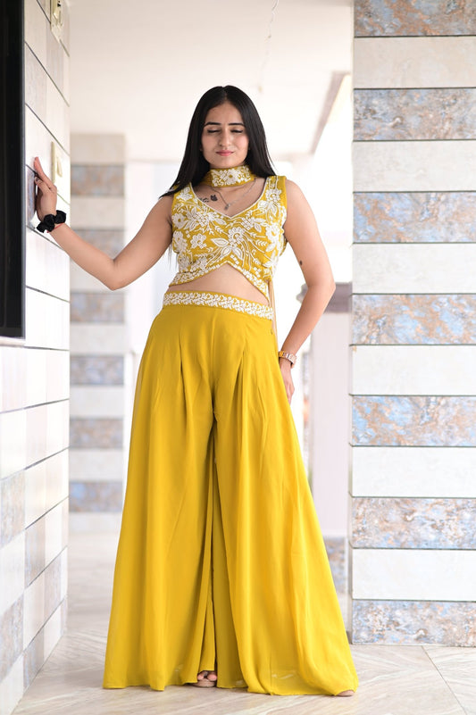 CROP TOP PALAZZO SET WITH BEAUTIFUL EMBROIDERED DUPATTA AND HANDWORK IN GEORGETTE FABRIC - Shreenath Collection