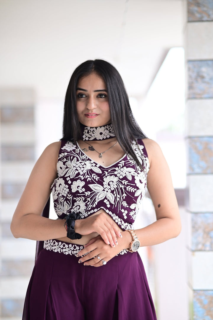 CROP TOP PALAZZO SET WITH BEAUTIFUL EMBROIDERED DUPATTA AND HANDWORK IN GEORGETTE FABRIC - Shreenath Collection
