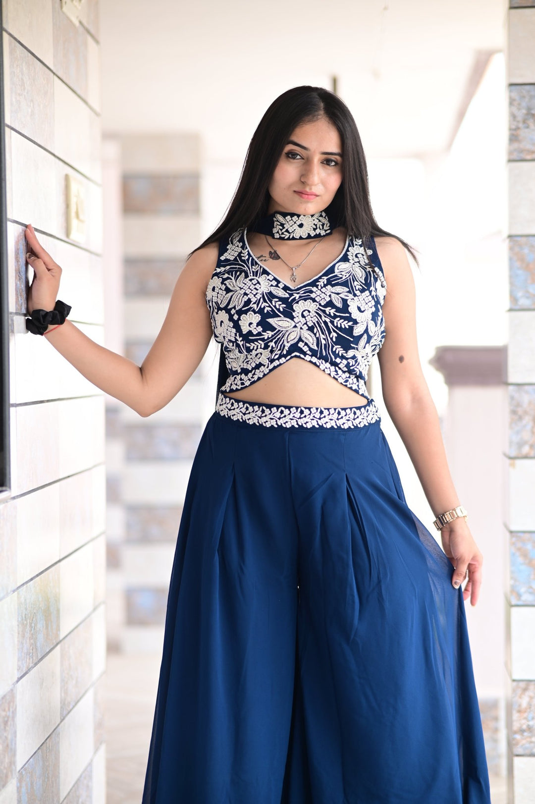 CROP TOP PALAZZO SET WITH BEAUTIFUL EMBROIDERED DUPATTA AND HANDWORK IN GEORGETTE FABRIC - Shreenath Collection
