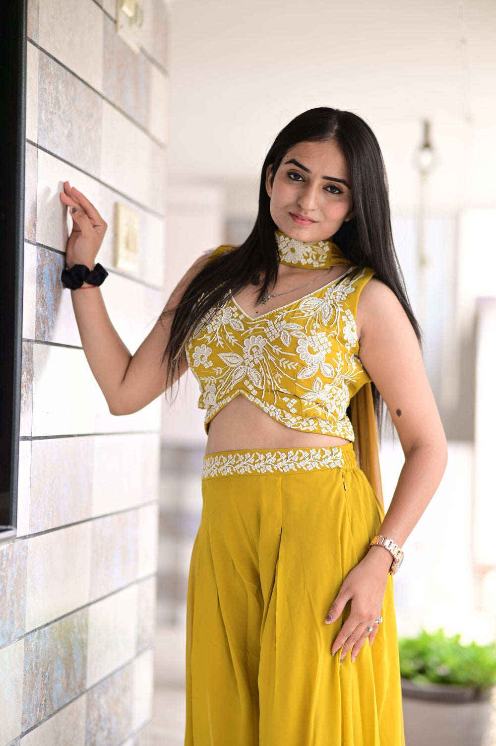 CROP TOP PALAZZO SET WITH BEAUTIFUL EMBROIDERED DUPATTA AND HANDWORK IN GEORGETTE FABRIC - Shreenath Collection