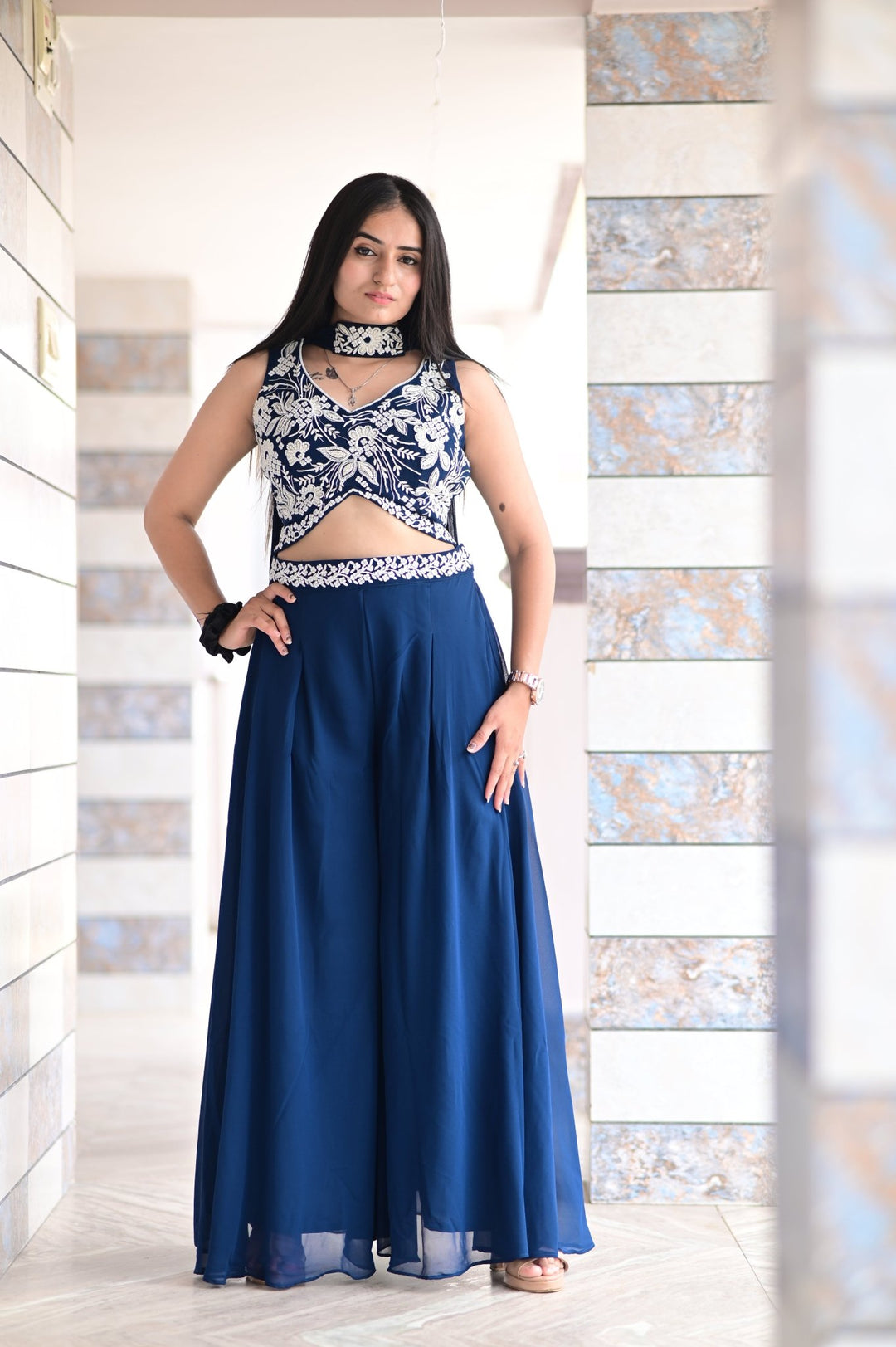 CROP TOP PALAZZO SET WITH BEAUTIFUL EMBROIDERED DUPATTA AND HANDWORK IN GEORGETTE FABRIC - Shreenath Collection