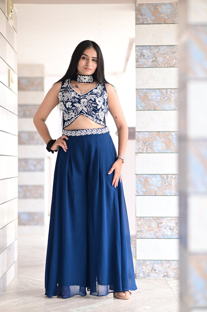 CROP TOP PALAZZO SET WITH BEAUTIFUL EMBROIDERED DUPATTA AND HANDWORK IN GEORGETTE FABRIC - Shreenath Collection