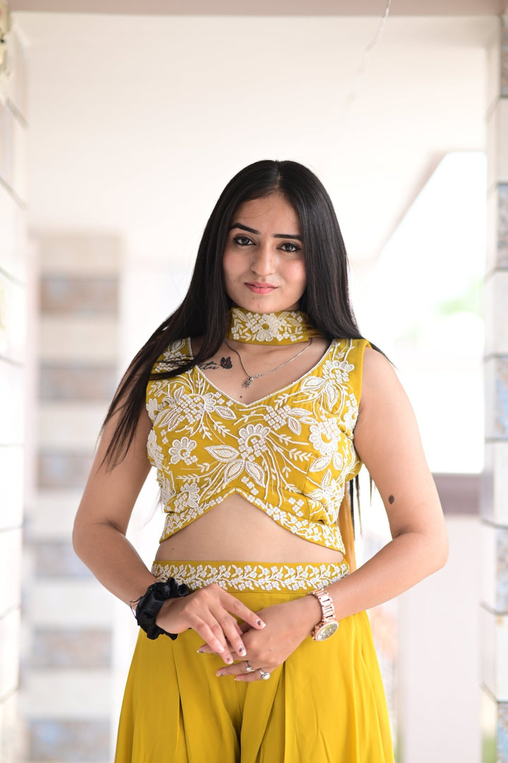 CROP TOP PALAZZO SET WITH BEAUTIFUL EMBROIDERED DUPATTA AND HANDWORK IN GEORGETTE FABRIC - Shreenath Collection