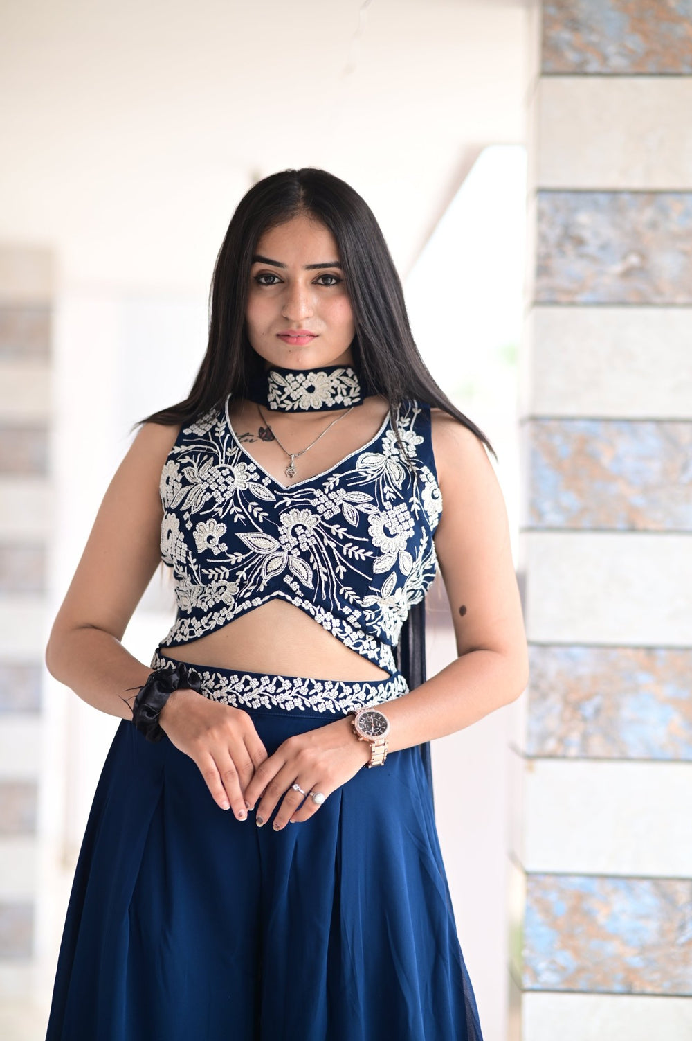 CROP TOP PALAZZO SET WITH BEAUTIFUL EMBROIDERED DUPATTA AND HANDWORK IN GEORGETTE FABRIC - Shreenath Collection