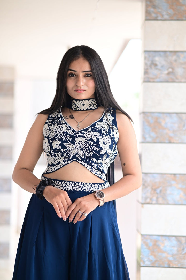 CROP TOP PALAZZO SET WITH BEAUTIFUL EMBROIDERED DUPATTA AND HANDWORK IN GEORGETTE FABRIC - Shreenath Collection