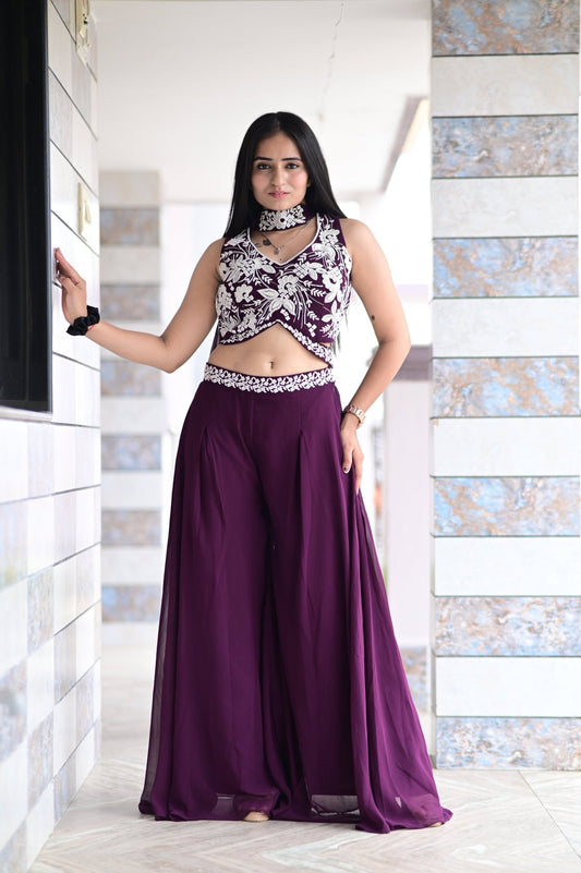 CROP TOP PALAZZO SET WITH BEAUTIFUL EMBROIDERED DUPATTA AND HANDWORK IN GEORGETTE FABRIC - Shreenath Collection