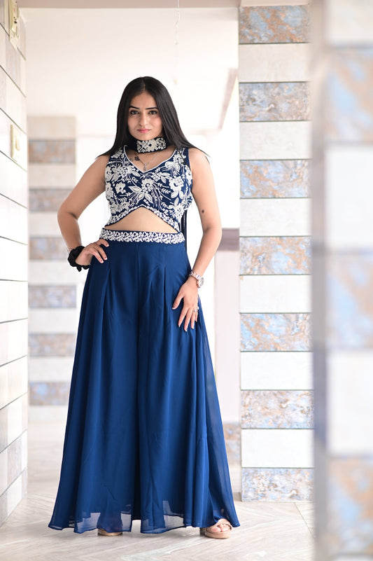 CROP TOP PALAZZO SET WITH BEAUTIFUL EMBROIDERED DUPATTA AND HANDWORK IN GEORGETTE FABRIC - Shreenath Collection