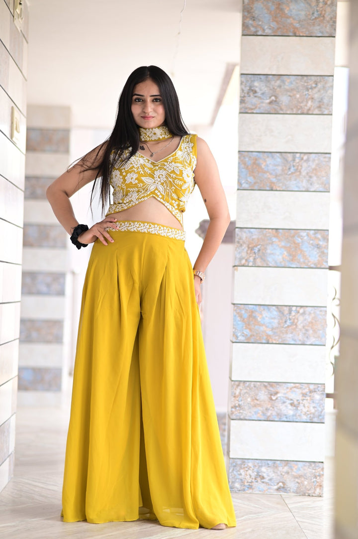 CROP TOP PALAZZO SET WITH BEAUTIFUL EMBROIDERED DUPATTA AND HANDWORK IN GEORGETTE FABRIC - Shreenath Collection