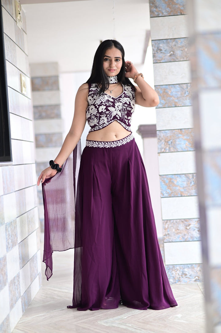 CROP TOP PALAZZO SET WITH BEAUTIFUL EMBROIDERED DUPATTA AND HANDWORK IN GEORGETTE FABRIC - Shreenath Collection