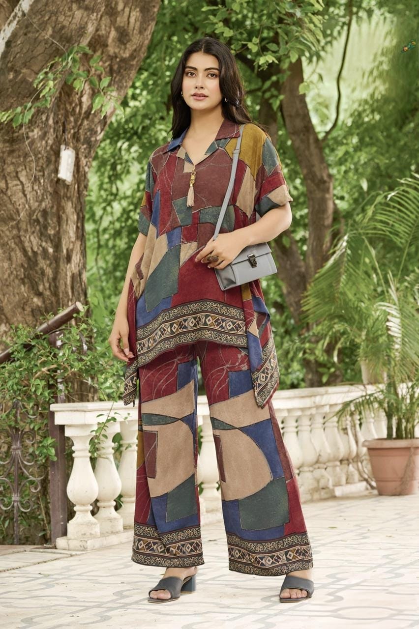 Digital Print Co - ord Set in Discharge Rayon Fabric - Shreenath Collection