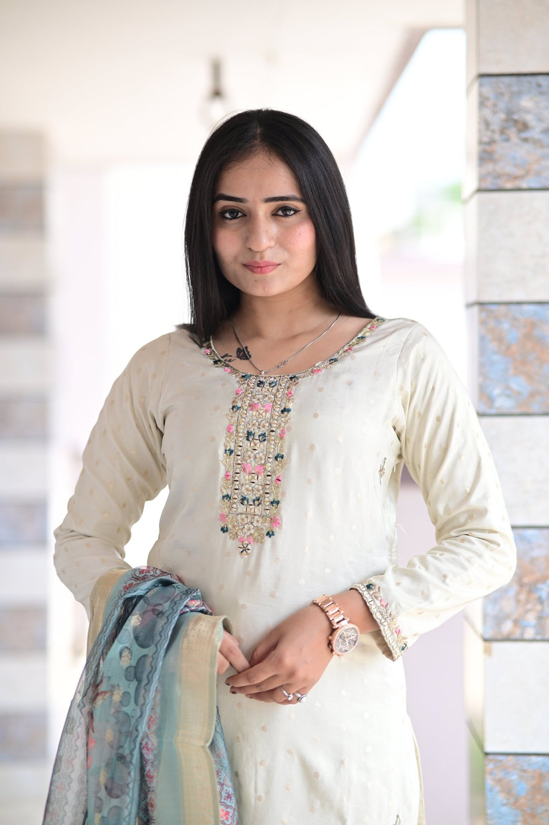 ELEGANT THREE - PIECE PURE SILK DRESS WITH BANARASI BORDER DUPATTA, FEATURING MIRROR AND HANDWORK DETAILS - Shreenath Collection