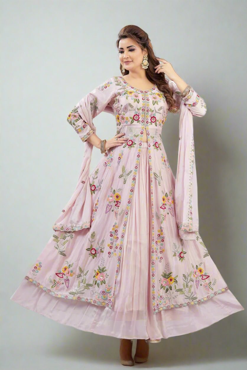Graceful Center - Cut Ensemble in Pure Chinon with Exquisite Hand & Embroidery Work - Shreenath Collection