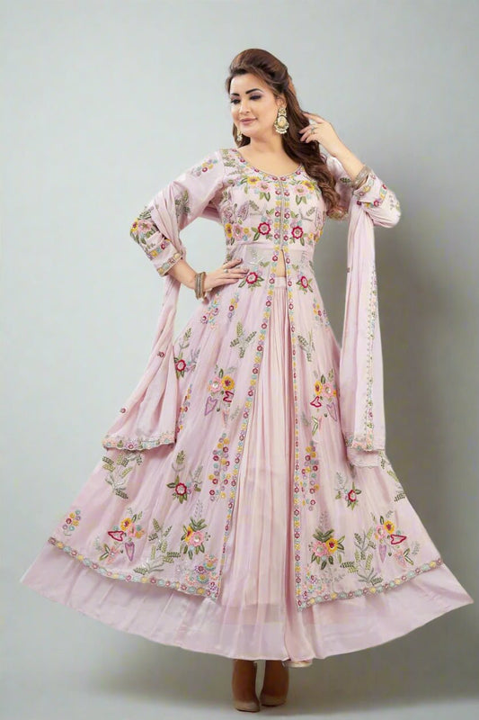 Graceful Center - Cut Ensemble in Pure Chinon with Exquisite Hand & Embroidery Work - Shreenath Collection