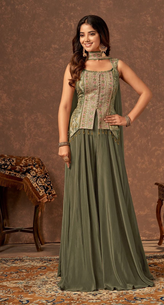 Luxurious Hand - Embroidered Crop Top & Flair Palazzo Set in Jacquard & Crepe - Shreenath Collection