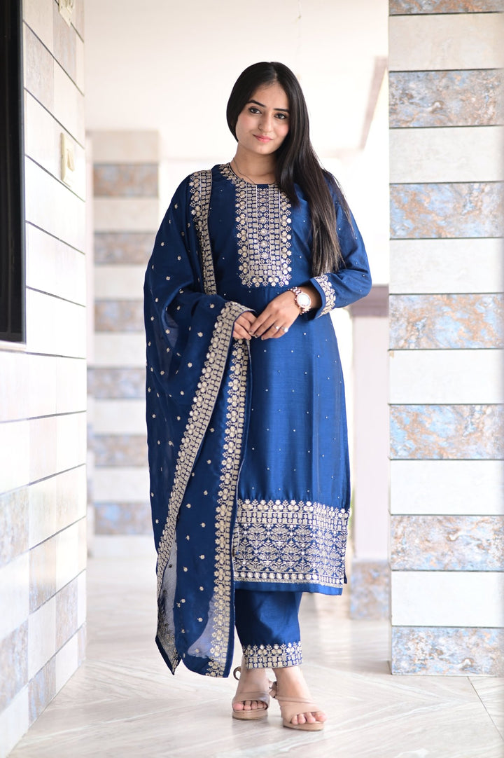 NATURAL SOFT SILK SET OF THREE WITH KANSHYAP EMBROIDERY DUPATTA AND INTRICATE WORK - Shreenath Collection