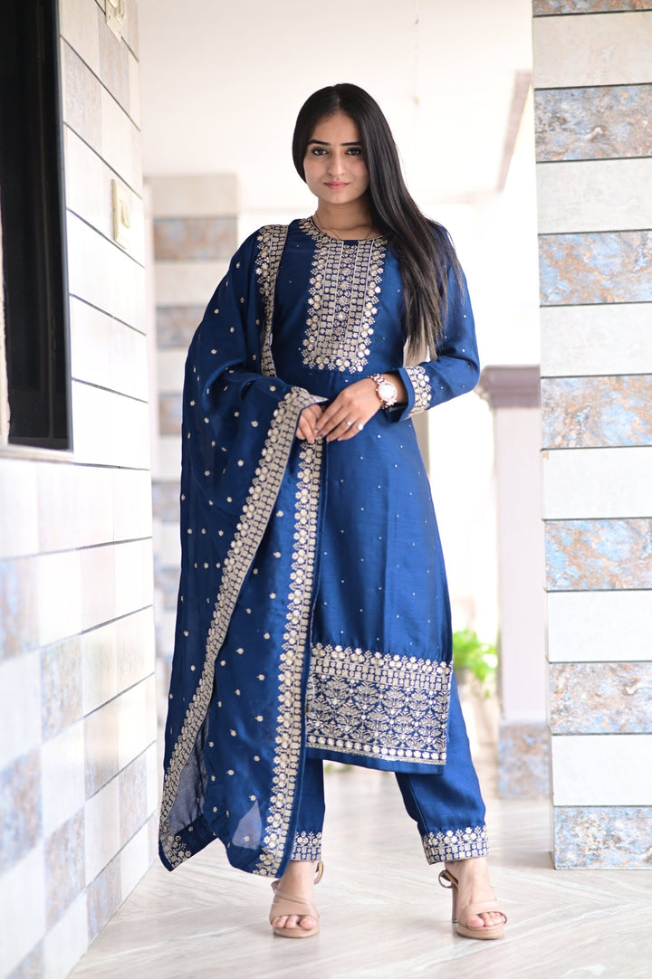 NATURAL SOFT SILK SET OF THREE WITH KANSHYAP EMBROIDERY DUPATTA AND INTRICATE WORK - Shreenath Collection