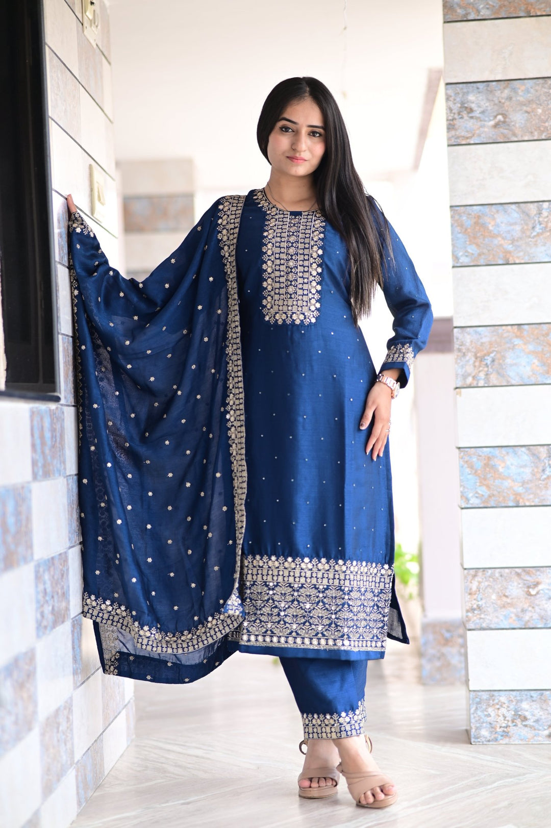 NATURAL SOFT SILK SET OF THREE WITH KANSHYAP EMBROIDERY DUPATTA AND INTRICATE WORK - Shreenath Collection