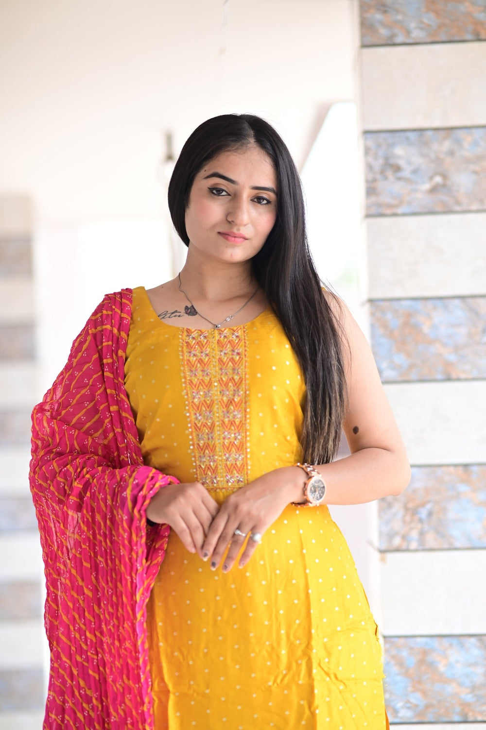 NATURAL THREE - PIECE JACQUARD BUTTI SILK DRESS WITH BEAUTIFUL ROSE PINK CONTRAST LEHERIYA DUPATTA AND HANDWORK DETAILS - Shreenath Collection