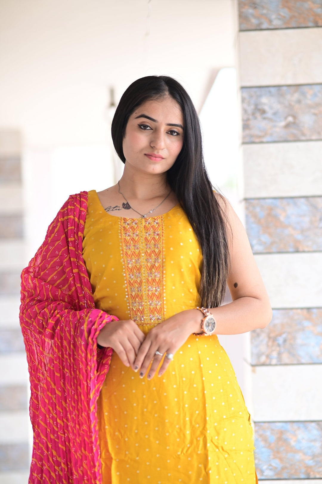 NATURAL THREE - PIECE JACQUARD BUTTI SILK DRESS WITH BEAUTIFUL ROSE PINK CONTRAST LEHERIYA DUPATTA AND HANDWORK DETAILS - Shreenath Collection