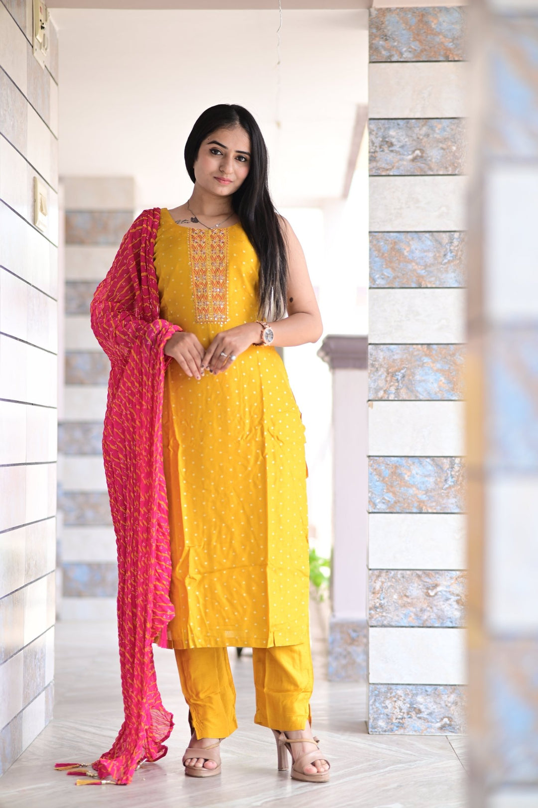 NATURAL THREE - PIECE JACQUARD BUTTI SILK DRESS WITH BEAUTIFUL ROSE PINK CONTRAST LEHERIYA DUPATTA AND HANDWORK DETAILS - Shreenath Collection