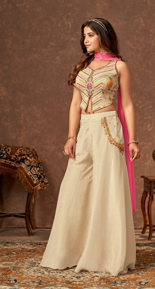 Opulent Handcrafted Crop Top & Flared Palazzo Set in Luxe Jari Tissue Fabric - Shreenath Collection