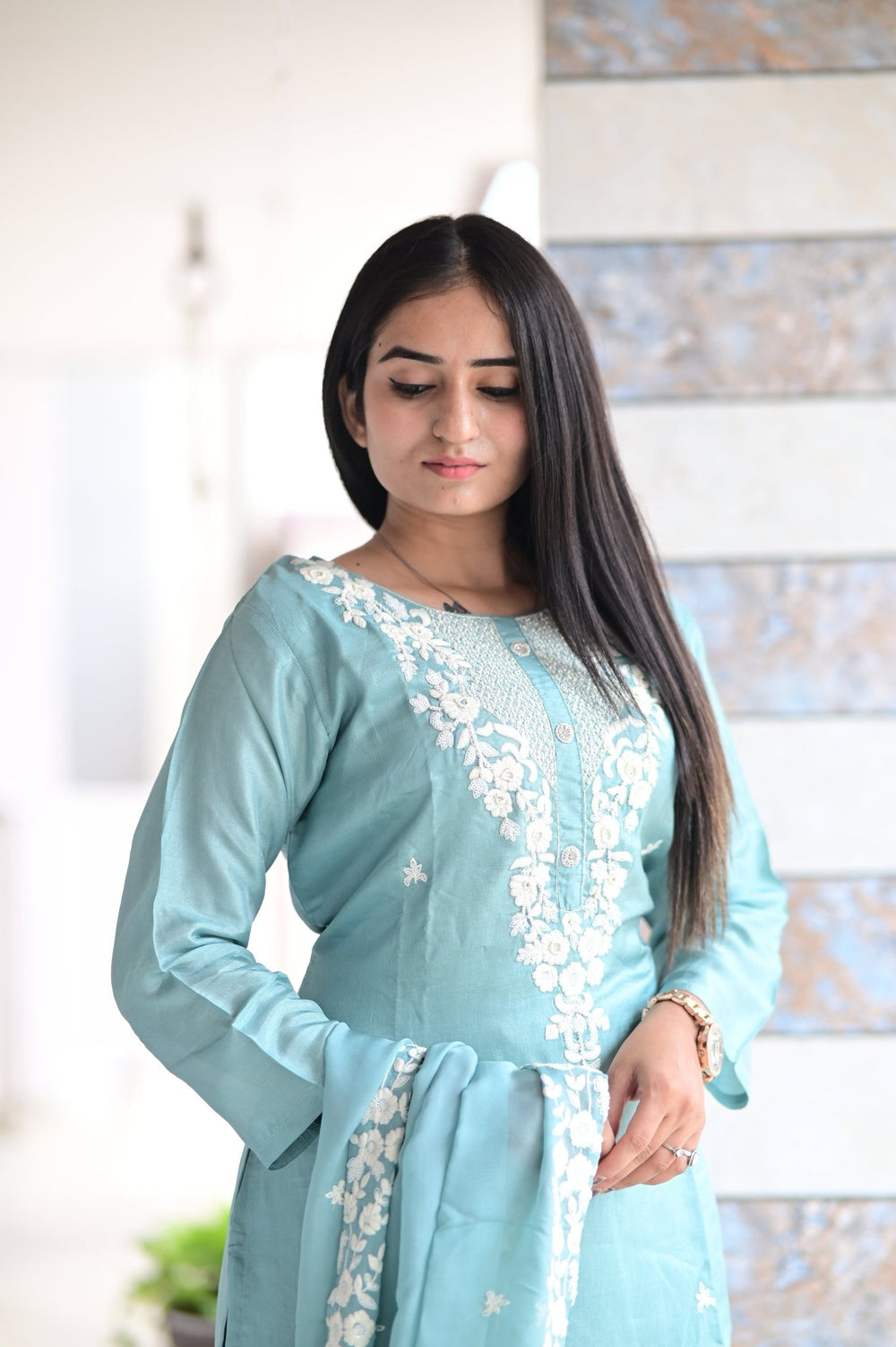 PALAZZO SET WITH HAND EMBROIDERY WORK AND ELEGANT DUPATTA MADE WITH CHINON SILK FABRIC - Shreenath Collection