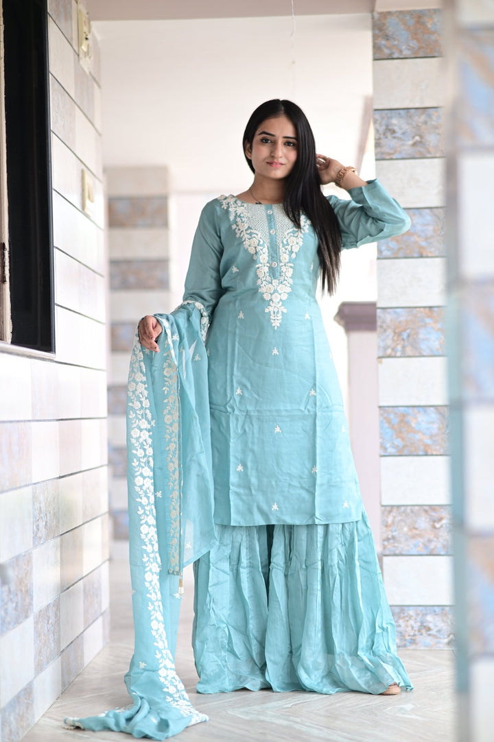 PALAZZO SET WITH HAND EMBROIDERY WORK AND ELEGANT DUPATTA MADE WITH CHINON SILK FABRIC - Shreenath Collection