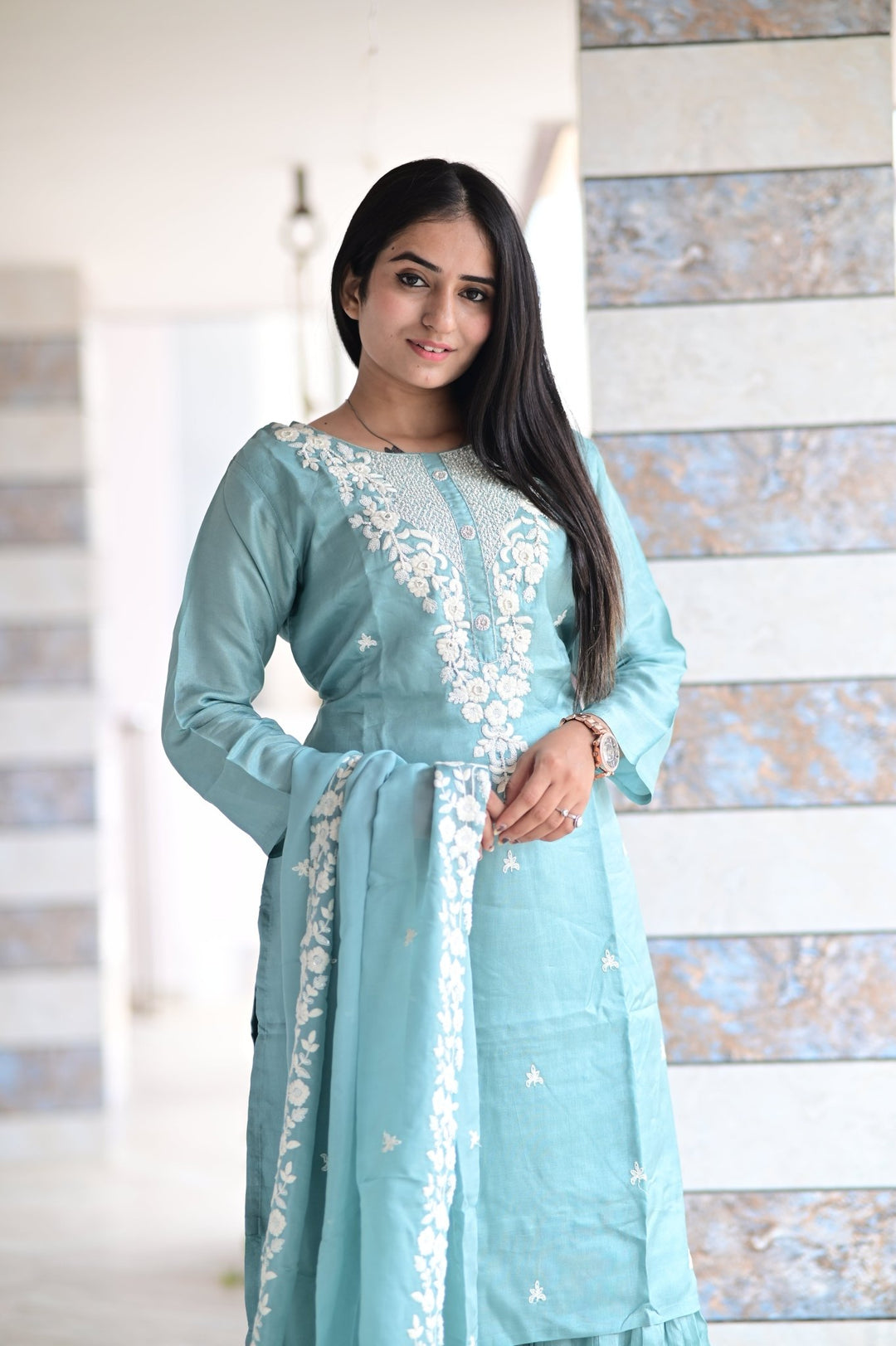 PALAZZO SET WITH HAND EMBROIDERY WORK AND ELEGANT DUPATTA MADE WITH CHINON SILK FABRIC - Shreenath Collection