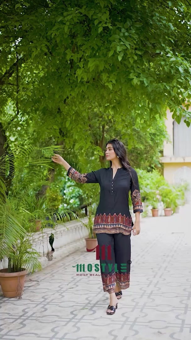 Co-ord Set in Viscose Muslin Fabric with Daman Print