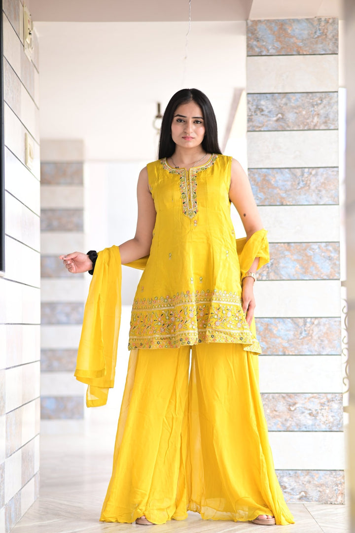 PURE DOLA SILK PALAZZO SET WITH BEAUTIFUL HANDWORK - Shreenath Collection