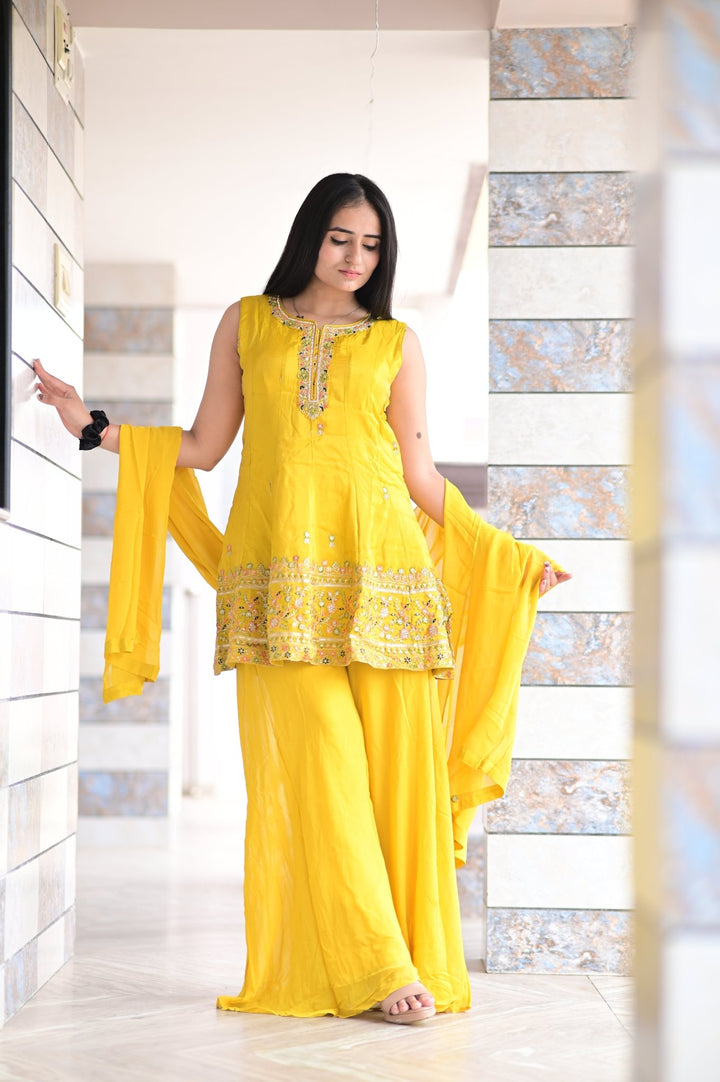 PURE DOLA SILK PALAZZO SET WITH BEAUTIFUL HANDWORK - Shreenath Collection