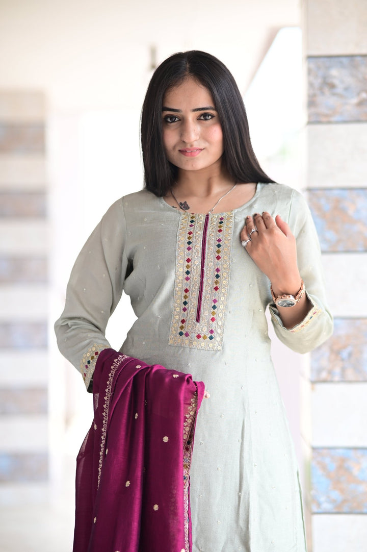 SET OF THREE ETHNIC DRESSES WITH EMBROIDERED DUPATTA AND TOP WORK IN NATURAL SILK FABRIC - Shreenath Collection