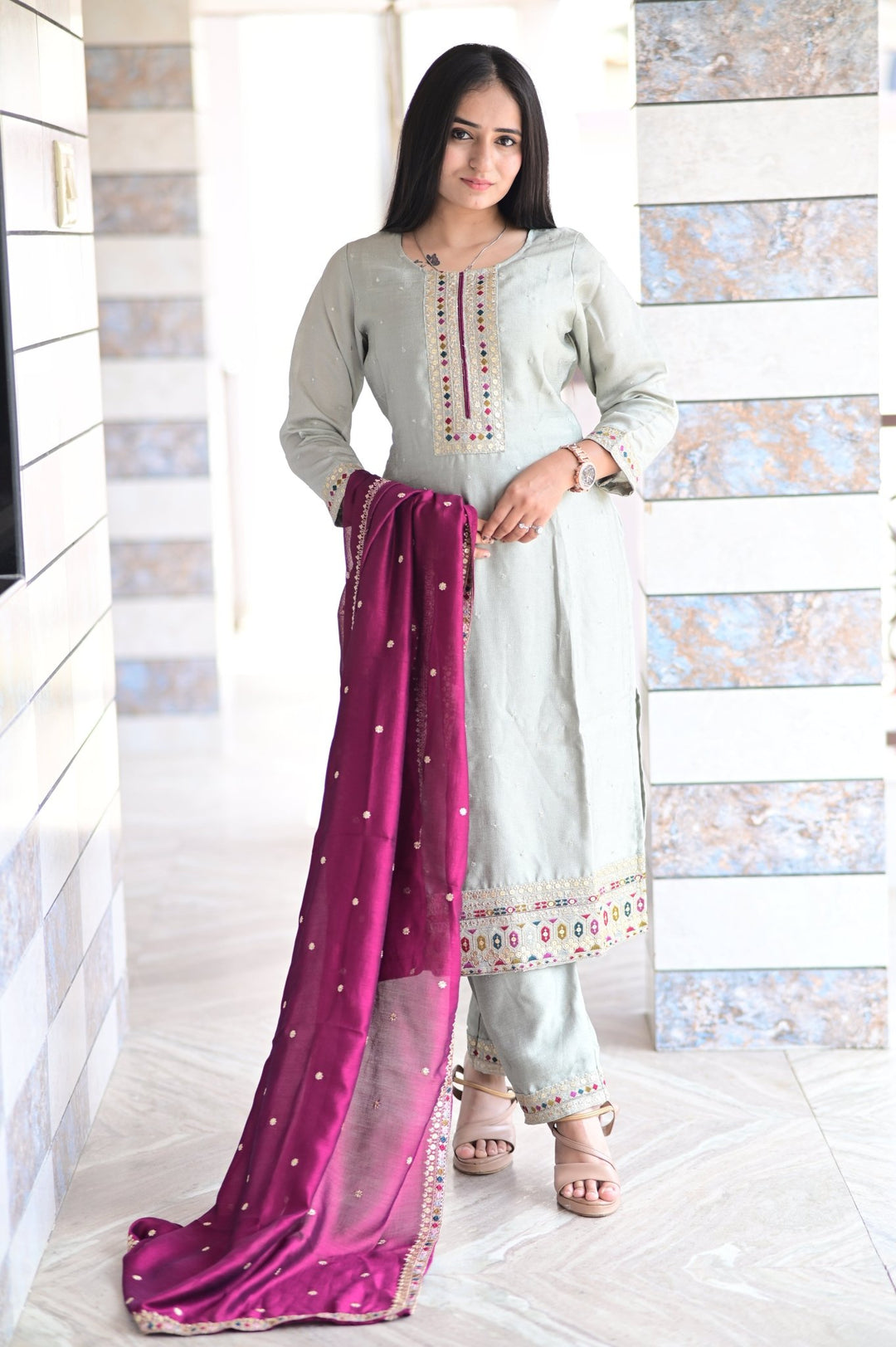 SET OF THREE ETHNIC DRESSES WITH EMBROIDERED DUPATTA AND TOP WORK IN NATURAL SILK FABRIC - Shreenath Collection