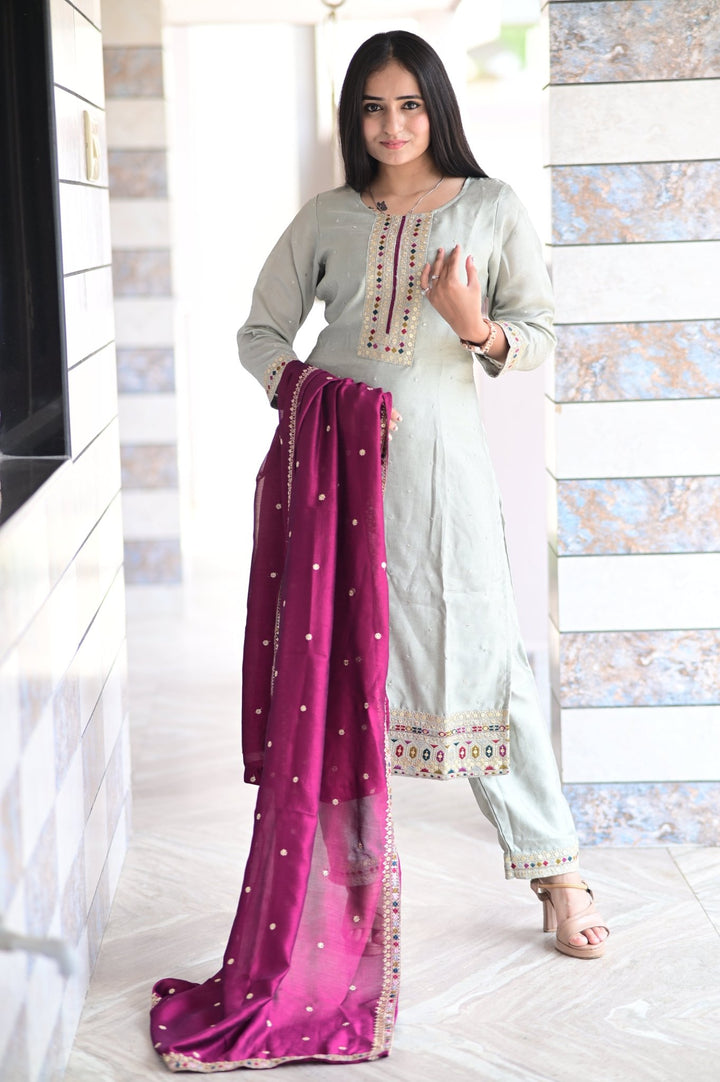SET OF THREE ETHNIC DRESSES WITH EMBROIDERED DUPATTA AND TOP WORK IN NATURAL SILK FABRIC - Shreenath Collection