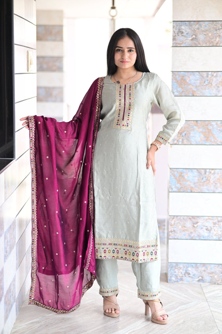 SET OF THREE ETHNIC DRESSES WITH EMBROIDERED DUPATTA AND TOP WORK IN NATURAL SILK FABRIC - Shreenath Collection