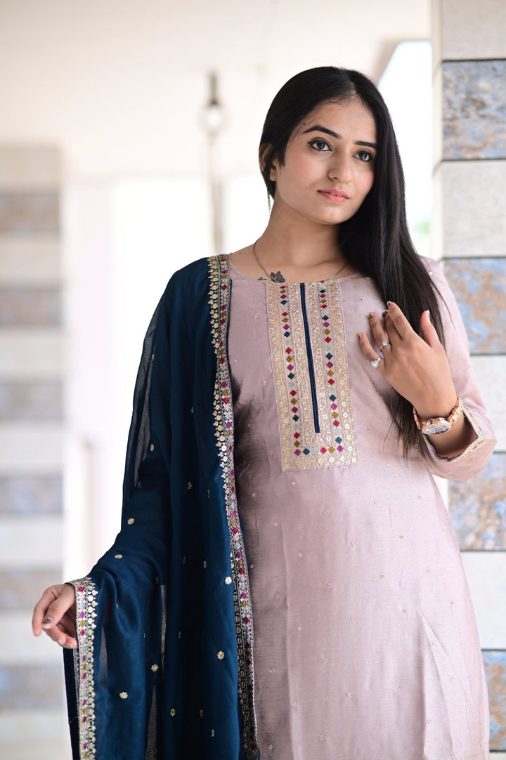 SET OF THREE ETHNIC DRESSES WITH EMBROIDERED DUPATTA AND TOP WORK IN NATURAL SILK FABRIC - Shreenath Collection