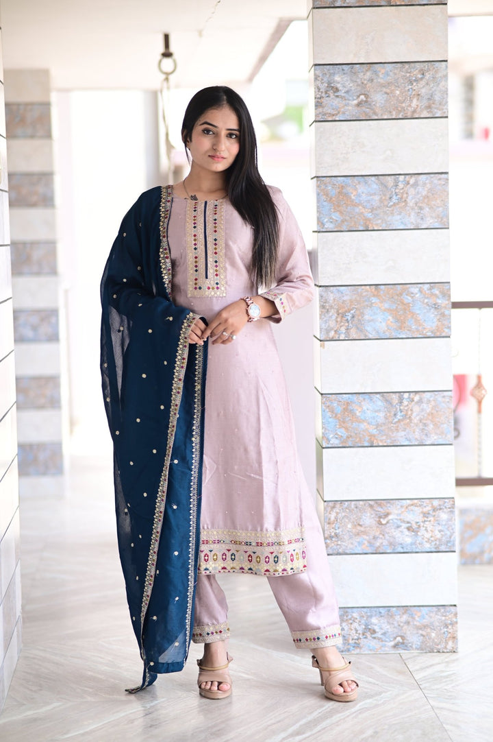 SET OF THREE ETHNIC DRESSES WITH EMBROIDERED DUPATTA AND TOP WORK IN NATURAL SILK FABRIC - Shreenath Collection