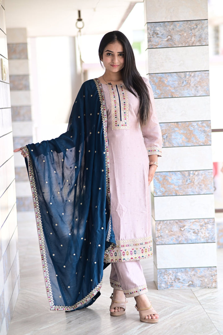 SET OF THREE ETHNIC DRESSES WITH EMBROIDERED DUPATTA AND TOP WORK IN NATURAL SILK FABRIC - Shreenath Collection