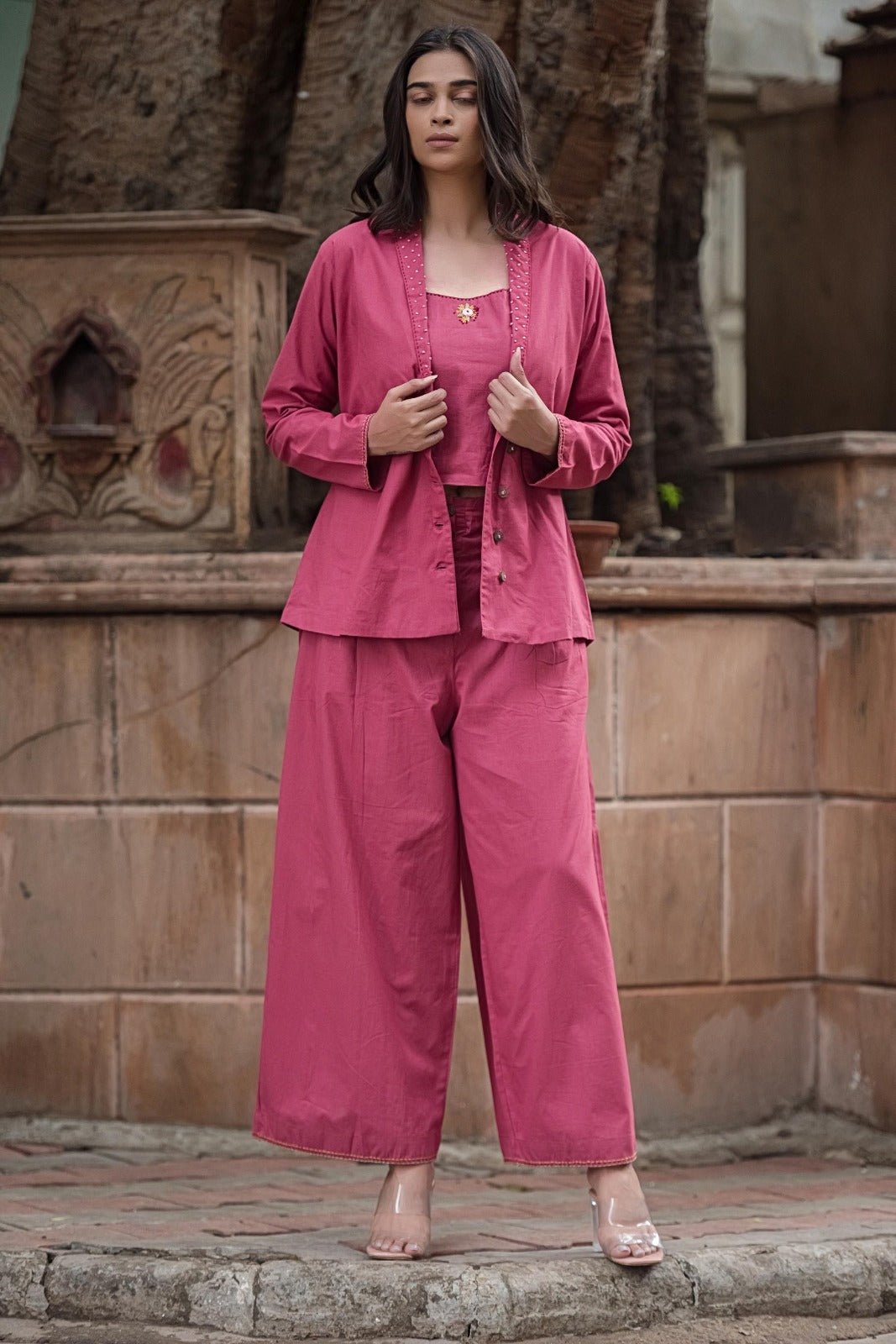 THREE - PIECE COTTON SET WITH JACKET AND CULOTTE PANTS – STYLISH & COMFORTABLE WOMEN'S WEAR - Shreenath Collection