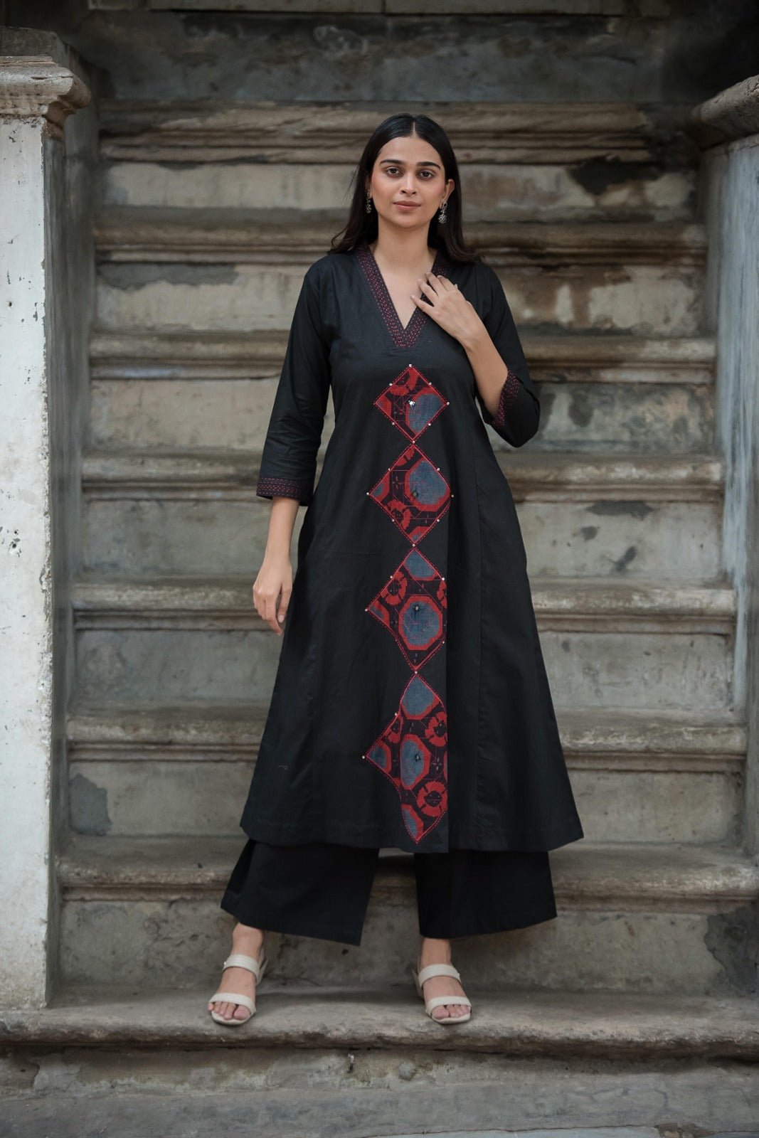 TWO - PIECE COTTON SET WITH PATCH WORK AND KATHA EMBROIDERY (BLACK) - Shreenath Collection